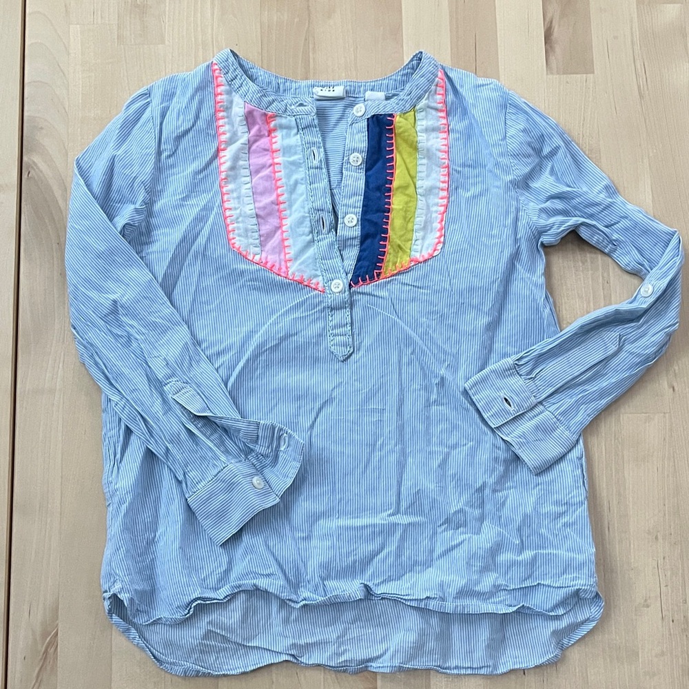 GAP Kids Blue Button Down Blouse with Colorful Stripes, girls size 6-7
